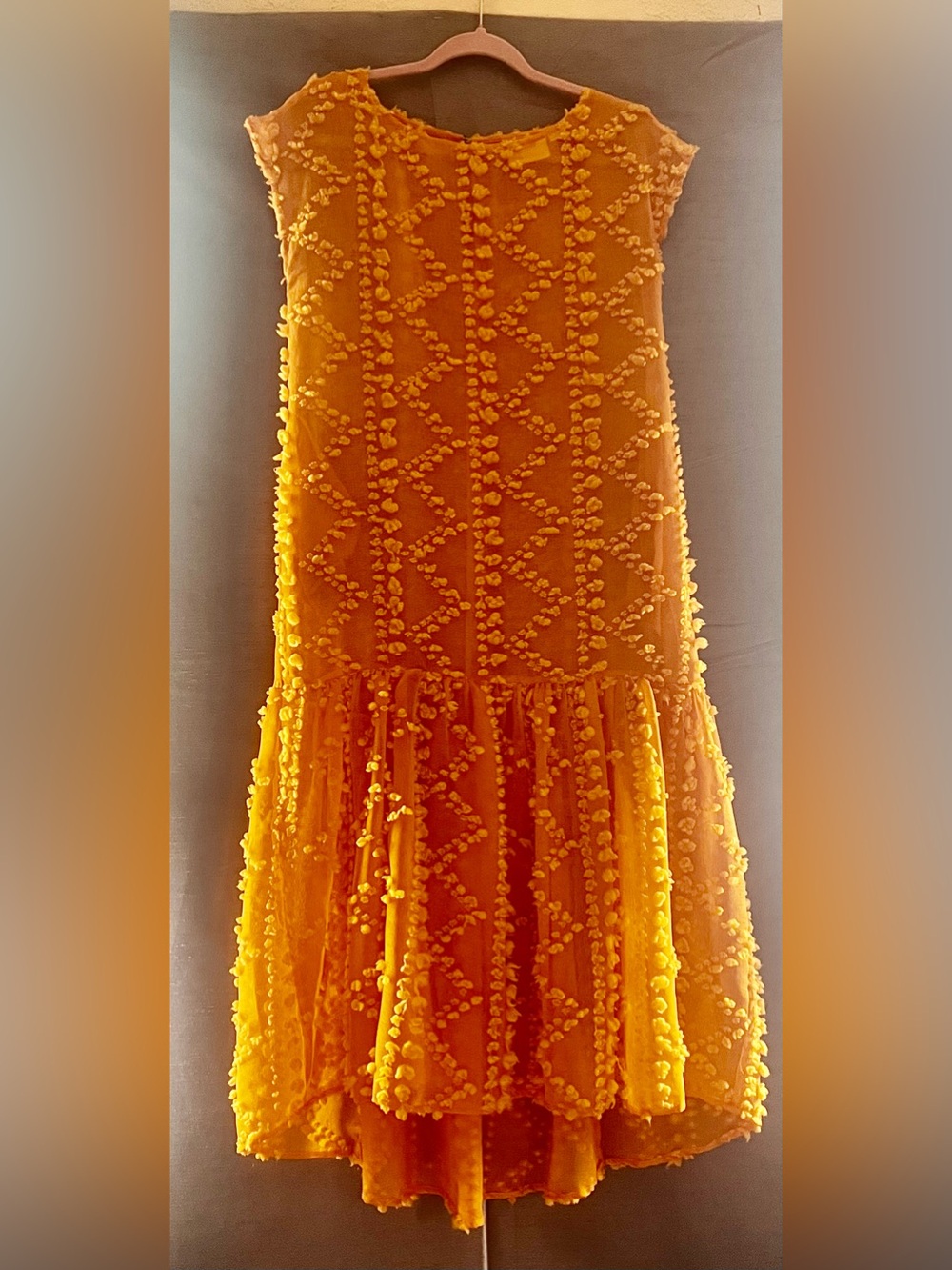 Anthropologie Maeve Yellow Diamond Textured Pom-Pom Midi Dress XS